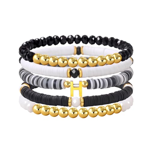 Risyfjew Initialen-Armband für Damen, personalisierbar, mit Perlen aus Ton besetzt, zierlicher Buchstabe, Gold, Charms, Surfer, Heishi, trendiges, stapelbares Armband, Boho-Schmuck, Geschenke, 19cm von Risyfjew