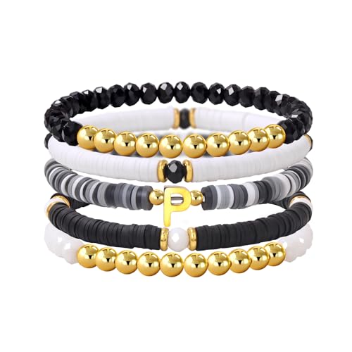 Risyfjew Initialen-Armband für Damen, personalisierbar, mit Perlen aus Ton besetzt, zierlicher Buchstabe, Gold, Charms, Surfer, Heishi, trendiges, stapelbares Armband, Boho-Schmuck, Geschenke, 19cm von Risyfjew