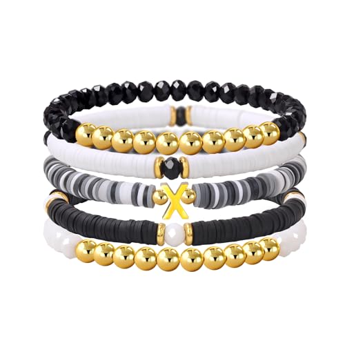 Risyfjew Initialen-Armband für Damen, personalisierbar, mit Perlen aus Ton besetzt, zierlicher Buchstabe, Gold, Charms, Surfer, Heishi, trendiges, stapelbares Armband, Boho-Schmuck, Geschenke, 19cm von Risyfjew