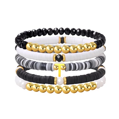 Risyfjew Initialen-Armband für Damen, personalisierbar, mit Perlen aus Ton besetzt, zierlicher Buchstabe, Gold, Charms, Surfer, Heishi, trendiges, stapelbares Armband, Boho-Schmuck, Geschenke, 19cm von Risyfjew
