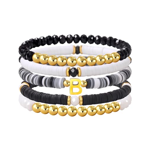 Risyfjew Initialen-Armband für Damen, personalisierbar, mit Perlen aus Ton besetzt, zierlicher Buchstabe, Gold, Charms, Surfer, Heishi, trendiges, stapelbares Armband, Boho-Schmuck, Geschenke, 19cm von Risyfjew