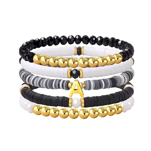 Risyfjew Initialen-Armband für Damen, personalisierbar, mit Perlen aus Ton besetzt, zierlicher Buchstabe, Gold, Charms, Surfer, Heishi, trendiges, stapelbares Armband, Boho-Schmuck, Geschenke, 19cm von Risyfjew