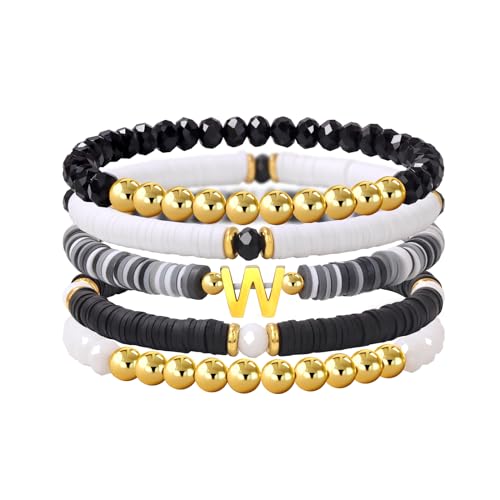 Risyfjew Initialen-Armband für Damen, personalisierbar, mit Perlen aus Ton besetzt, zierlicher Buchstabe, Gold, Charms, Surfer, Heishi, trendiges, stapelbares Armband, Boho-Schmuck, Geschenke, 19cm von Risyfjew