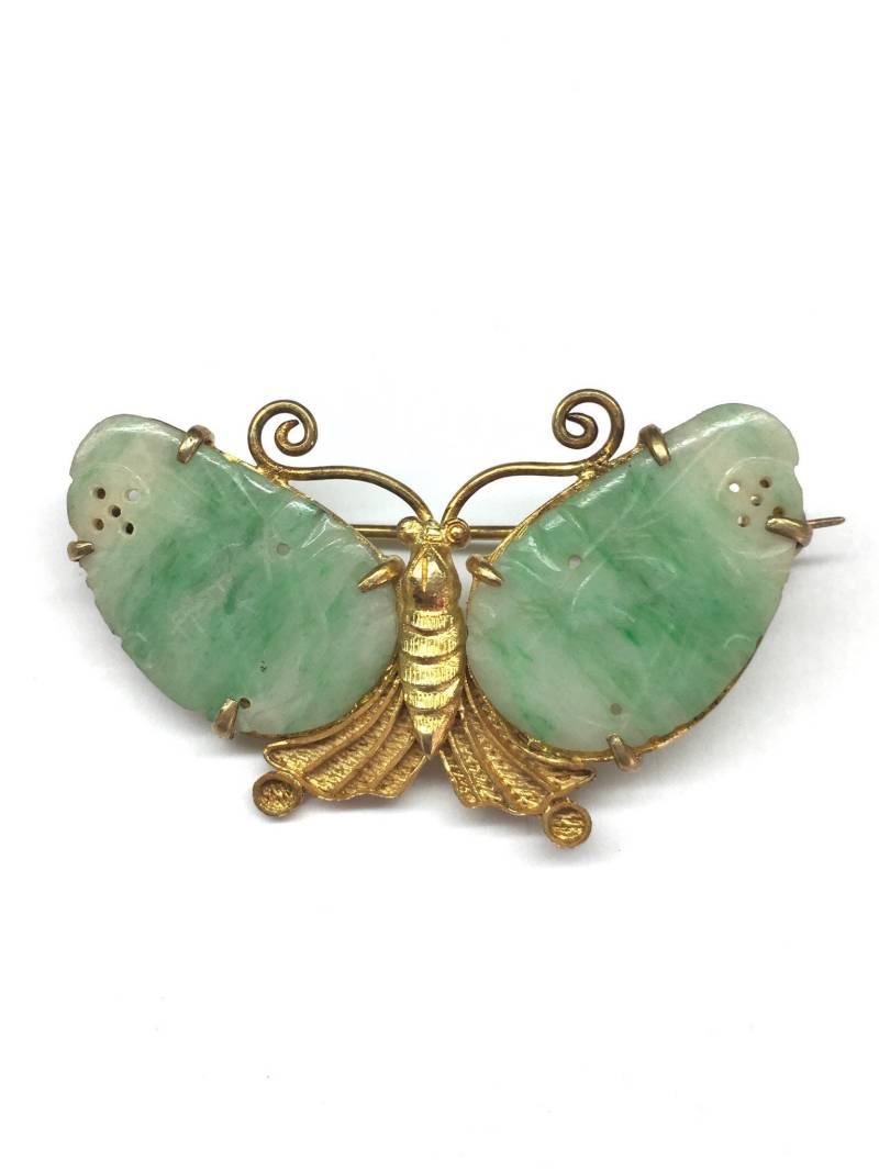 Antike Jade Schmetterling Brosche, Vergoldete Sterling Silber Vergoldet Filigrane Brosche银鎏金花絲舊翠蝴蝶 von RitaCollection