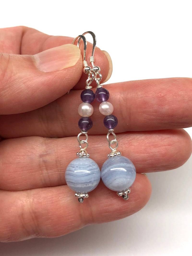 Blaue Spitze Achat Ohrringe, Amethyst Süßwasser Perlen Perle, Perle 925 Sterling Silber Ohrringe von RitaCollection