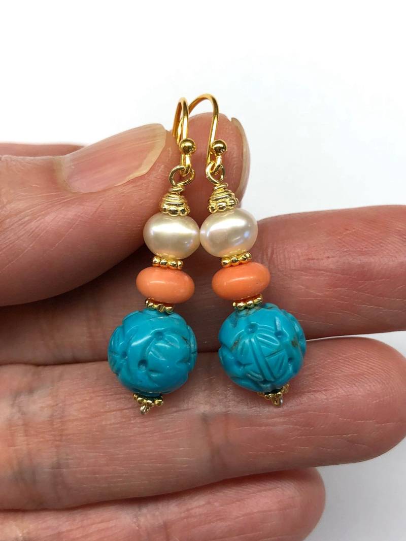 Türkis Ohrringe, Perle Geschnitzte Natürliche Farbe Perle, Süßwasser Meer Bambus Vergoldet Sterling Silber Ohrringe von RitaCollection