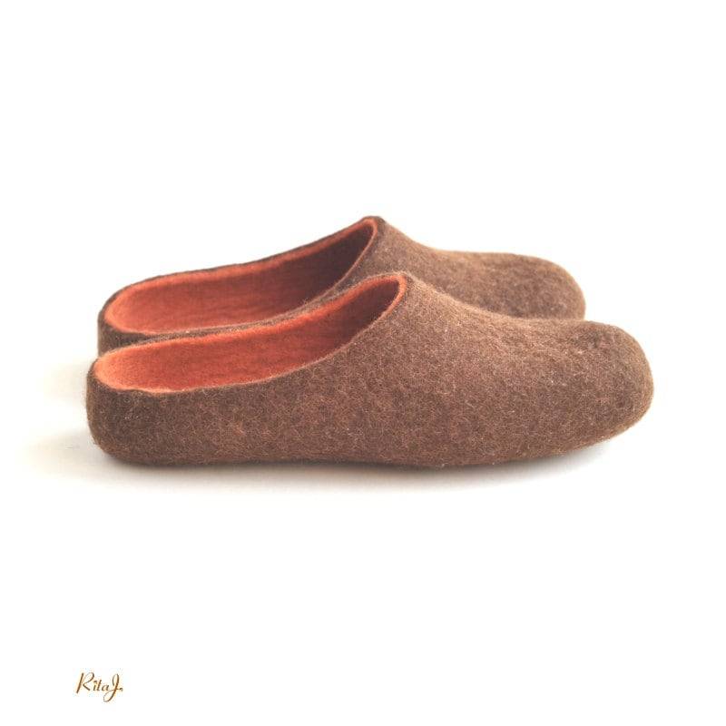 Handgefilzte Slide Back Hausschuhe Aus Wollfilz - Orange Braun Herren von RitaJFelt