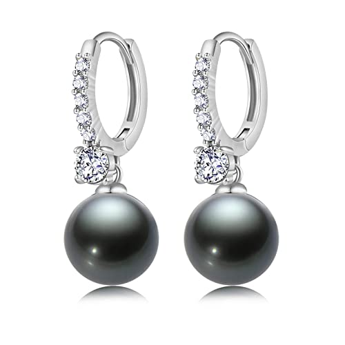 RITACH Perlenohrringe für Damen, 925er-Sterlingsilber, Weißgold, baumelnde Tropfenohrringe, 5A Zirkonia, große Größe, 12 mm, Kupfer, Zirkonia von Ritach