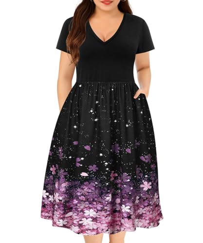 RITERA Kurzärmeliges Sommerkleid in Übergröße, V-Ausschnitt, hohe Taille, Patchwork, Freizeitkleid, Größe XL - 5XL, E4653 - Rosa mit Blumenmuster, XX-Large Mehr von Ritera