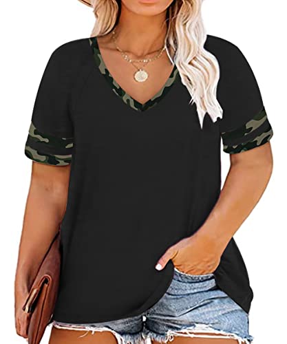 RITERA Plus Size Tops für Frauen Kurzarm Shirts V Ausschnitt Tuniken Sommer Blusen XL-5XL, A12f-schwarz-camouflage, 5X-Groß von Ritera