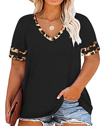 RITERA Plus Size Tops für Frauen Kurzarm Shirts V Ausschnitt Tuniken Sommer Blusen XL-5XL, A12f-schwarz-leopard, 5X-Groß von Ritera