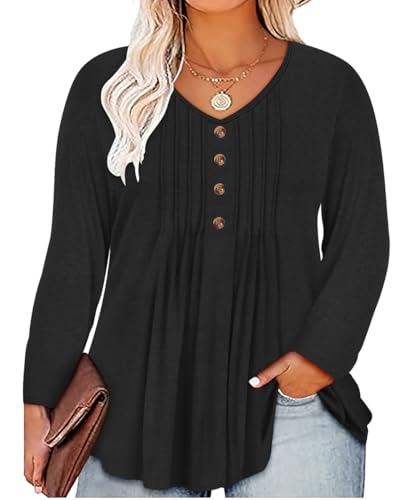RITERA Übergröße Langarm Tunika Tops für Frauen Henley V Ausschnitt T-Shirt V Ausschnitt Casual Blusen Herbst Winter Halloween Weihnachten, A4-schwarz, X-Large Plus von Ritera