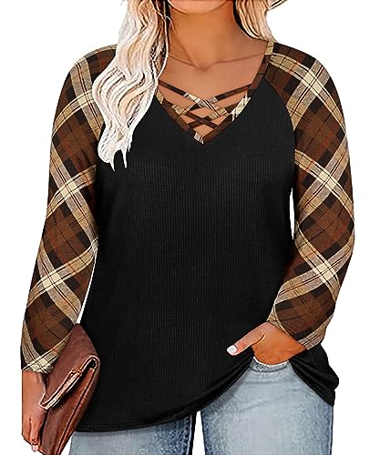 RITERA Übergröße Tops für Frauen Langarm Criss Cross Shirts V-Ausschnitt Solid/Floral/Tier Tuniken Herbst Winter XL-5XL, 09-Abrown Plaid, 4X-Large von Ritera