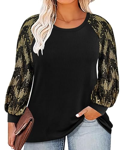 RITERA Übergröße Tops für Frauen Spitze Langarm Blusen Casual Lose Tunika Herbst Dressy Shirts XL-5XL, 3926 - Schwarz, 5X-Groß von Ritera