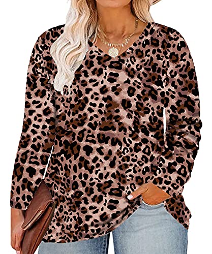 Ritera Damen Oberteile Große Größen V-Ausschnitt Lose Casual Shirt Oversized Plus Size Shirt Langarm Übergrößen Farbblock Tops Tunika Locker Langarmshirt Herbst Winter Blusen Leopard 4XL 48 von Ritera