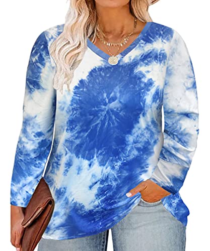 Ritera Damen Plus Size Oversized Shirt Große Größen V-Ausschnitt Lose Casual Shirt Langarm Übergrößen Farbblock Tops Tunika Langarmshirt Locker Herbst Winter Blusen Blau-Tie-Dye 5XL 50 Oberteile von Ritera