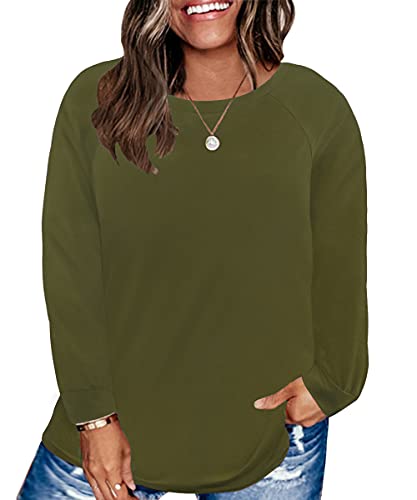 Ritera Damen Übergrößen Casual Shirt Große Größen Langarm Tunika Plus Size Langarmshirt Top Rundhalsausschnitt Lose Sweatshirts Pullover Basic-Shirt Herbst Winter Blusen Grün 2XL 44 Oberteile von Ritera