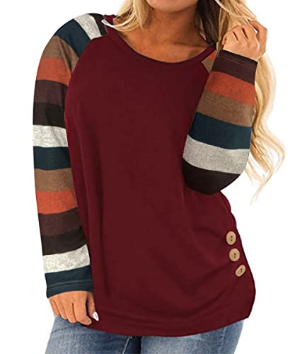 Ritera Große Größen Oversized Langarm Farbblock gestreifte Raglan Oberteile für Frauen Plus Size Bluse Burgunder Sweatshirt für Damen 2XL 44 von Ritera