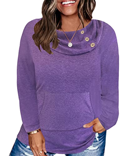 Ritera Lila Tops für Frauen Plus Size Langarm Tunika Pullover Rundhals Knopf Übergrößen Sweatshirt Übergroße Leichte Pullover Bequemes Einfarbiges Hemd 5XL 50 von Ritera