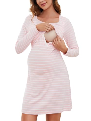 Ritera Stillnachthemd Damen Langarm Streifen Umstandsnachthemd für Schwangerschaft und Stillzeit Rundhals Mutterschaft Geburt Stillfunktion Herbst und Winter Pink XL von Ritera