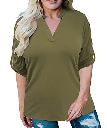 Ritera große Größen Tunika Oberteile V-Ausschnitt Blusenshirt Damen Classic Übergrößen Solide Bluse A-Linie 3/4-Arm Plus Size Shirt 46 Grün Oberteile von Ritera