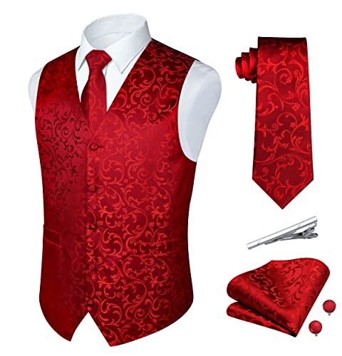 Herren Anzugweste Paisley Jacquard formelles Kleid Weste Krawatte Einstecktuch Manschettenknöpfe Set 5 Stück Smoking Westen für Hochzeit, B-red, Large von Rithern