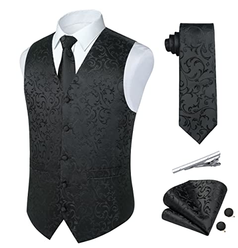 Paisley Weste und Krawatte Sets für Herren Formale Floral Jacquard Anzug Westen Krawatten Einstecktuch Manschettenknöpfe 5 Stück Smoking Weste, B-schwarz, Medium von Rithern