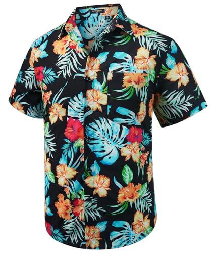 Rithern Hawaii Hemd Männer Blumenhemd Kurzarm Hawaiihemd Herren Strand Hawaii Funky Sommer Freizeit Button Down Hemden Schwarz & Orange 2XL von Rithern