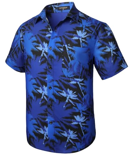Rithern Hawaii Hemd Männer Kurzarm Blau Hawaiihemd Herren Funky Sommer Freizeit Hemden Palmen Blatt Urlaubs Surf Hawaii Vordertasche S von Rithern