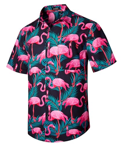 Rithern Hawaiian Herren Hemd Kurzarm Männer Funky Flamingo Hawaiihemd Hemd Sommer Aloha Beach Casual Mint Vordertasche Schwarz & Rosa 3XL von Rithern
