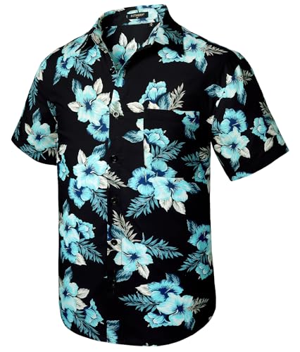 Rithern Hawaiihemd Herren Kurzarm Blumen Hawaii Hemd Herren Sommer Casual Hemden Freizeithemden für Urlaubs Surf Knopfleiste Schwarz & Blau 2XL von Rithern