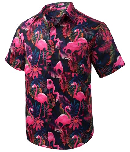 Rithern Hawaiihemd Herren Kurzarm Flamingo Hemd Strand Hawaii-Hemd Funky Freizeithemden für Männer Sommerhemd mit Vordertasche Schwarz & Rosa L von Rithern