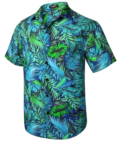 Rithern Hawaiihemd Herren Kurzarm Funky Hawaii Hemd Sommer Freizeithemden Regular Bedruckter Hemden Knopfleiste Blau & Grün XL von Rithern