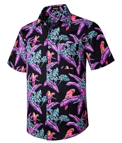 Rithern Herren Hawaii Hemd Kurzarm Sommer Funky Hawaiihemd Freizeithemden für Herren Strand Regular Fit Party Urlaubs Shirt Hawaii-Hemd mit Vordertasche Schwarz & Lila 3XL von Rithern