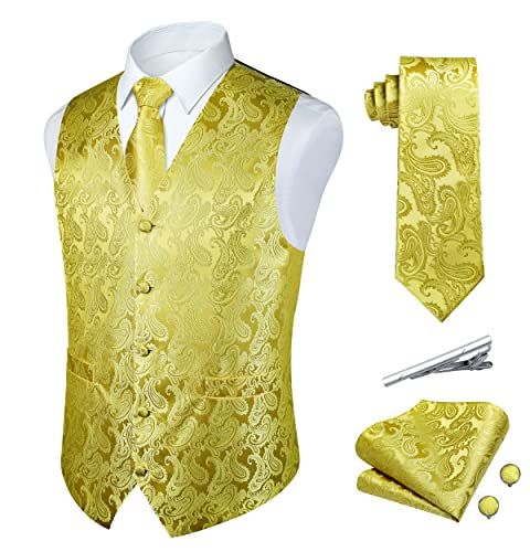 Rithern Herren Weste Paisley Floral Jacquard Seide Krawatte Einstecktuch Taschentuch Set Mit Manschettenknöpfen Und Krawattenklammer Für Hochzeitsfeier Anzug Gold XL von Rithern