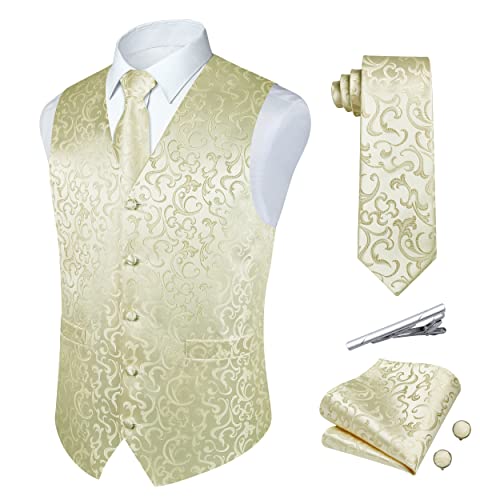 Rithern Herren Weste Paisley Floral Jacquard Seide Krawatte Einstecktuch Taschentuch Set mit Manschettenknöpfen und Krawattenklammer Set für Hochzeitsfeier Anzug Weste Set Beige L von Rithern