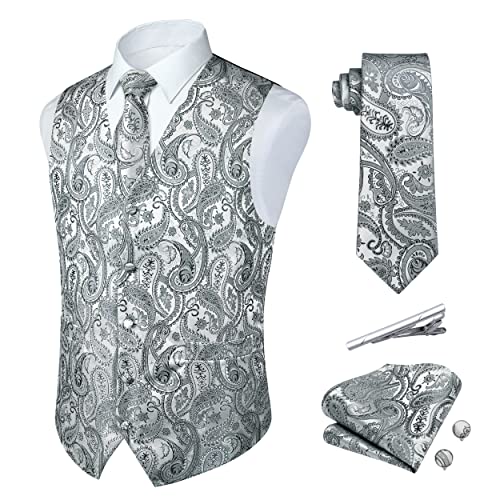 Rithern Herren Weste mit Paisley Floral Jacquard Seide Krawatte Einstecktuch Taschentuch Set mit Manschettenknöpfen und Krawattenklammer für Hochzeitsfeier Anzug Weste Set Grau XL von Rithern