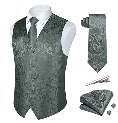Rithern Herren Weste Paisley Floral Jacquard Seide Krawatte Einstecktuch Taschentuch Set mit Manschettenknöpfen und Krawattenklammer Set für Hochzeitsfeier Anzug Weste Set Grau XXXXL Rithern Herren Weste Paisley Floral Jacquard Seide Krawatte Einstecktuch Taschentuch Set mit Manschettenknöpfen und Krawattenklammer Set für Hochzeitsfeier Anzug Weste Set Grau XXXXL von Rithern