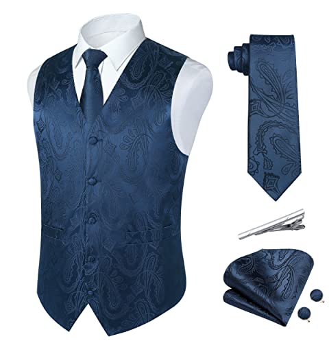 Rithern Herren Weste Paisley Floral Jacquard Seide Krawatte Einstecktuch Taschentuch Set mit Manschettenknöpfen und Krawattenklammer Set für Hochzeitsfeier Anzug Weste Set Navy blau XL Rithern Herren Weste Paisley Floral Jacquard Seide Krawatte Einstecktuch Taschentuch Set mit Manschettenknöpfen und Krawattenklammer Set für Hochzeitsfeier Anzug Weste Set Navy blau XL von Rithern