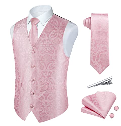 Rithern Herren Weste Paisley Floral Jacquard Seide Krawatte Einstecktuch Taschentuch Set mit Manschettenknöpfen und Krawattenklammer Set für Hochzeitsfeier Anzug Weste Set Rosa XXXXL von Rithern