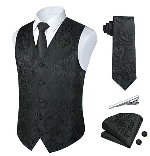 Rithern Herren Weste Paisley Floral Jacquard Seide Krawatte Einstecktuch Taschentuch Set Mit Manschettenknöpfen Und Krawattenklammer Für Hochzeitsfeier Anzug Weste Schwarz XXXL von Rithern