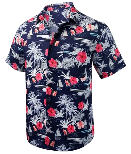 Rithern Hawaiihemd Herren Navy Blau Sommer Hemd Kurzarm Casual Blumen Freizeit Hawaii Hemden für Männer Strand Surf 4XL von Rithern