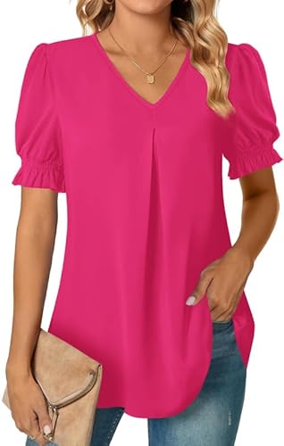 Ritiriko Damen Business Casual Top V-Ausschnitt Flauschige Ärmel Lockerer Saum Elegant Kurzarm Rose Rot-M von Ritiriko