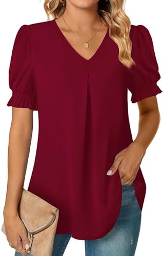 Ritiriko Damen Business Casual Top V-Ausschnitt Puffärmel Lockerer Saum Elegant Kurzarm Burgunder-S von Ritiriko