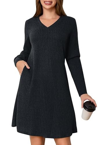 Ritiriko Damen Fall Mini Kleid Für Damen Mit Taschen V Hals Süße Langarm A-Line Casual Strick Pullover Kleid Grau M von Ritiriko
