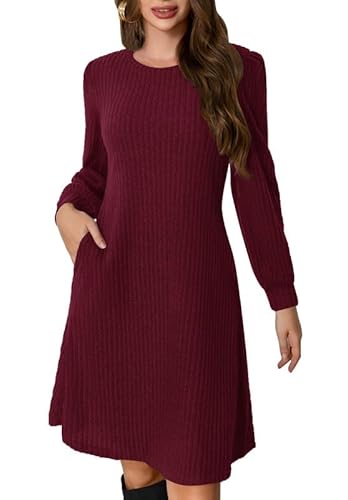 Ritiriko Damen Fallen eine Linie Strickpullover Kleid Knie Länge Lässige Puff Langarmleid mit Taschen Burgund 2XL von Ritiriko