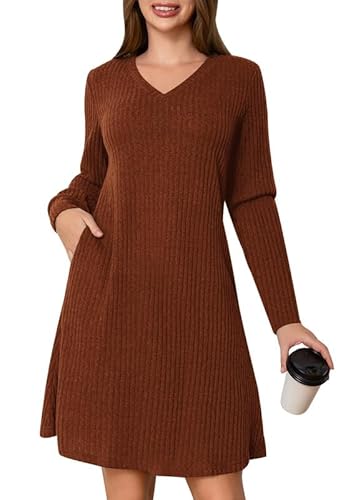 Ritiriko Damen Langarm Imperium Taille Kleid Gegen Hals 2025 Casual Herbst Winter Kleidung Tunika Kleid Mit Taschen Karamell 2XL von Ritiriko