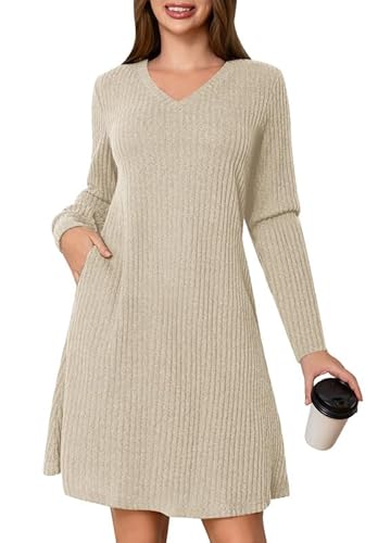 Ritiriko Damen Pullover Kleider Gegen Nacken Langarm 2025 Lässige Swing Mini Strick Babydoll Kleid Herbst Wintertunika Für Damen Urlaub Aprikose L von Ritiriko