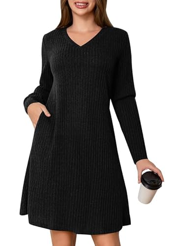 Ritiriko Damen Pullover Kleider Gegen Nacken Langarm Fließend Winterkleid 2025 Casual Herbst Wintertunika Mit Taschen Schwarz 2XL von Ritiriko