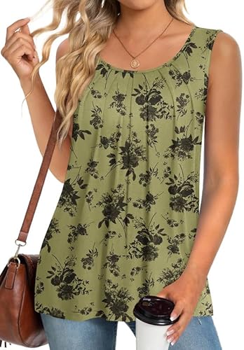 Ritiriko Damen Rundhalsausschnitt Bedruckte Ärmellose Weste Plissiert Damen Sommer Casual Loose Top Bohne Grün-XL von Ritiriko